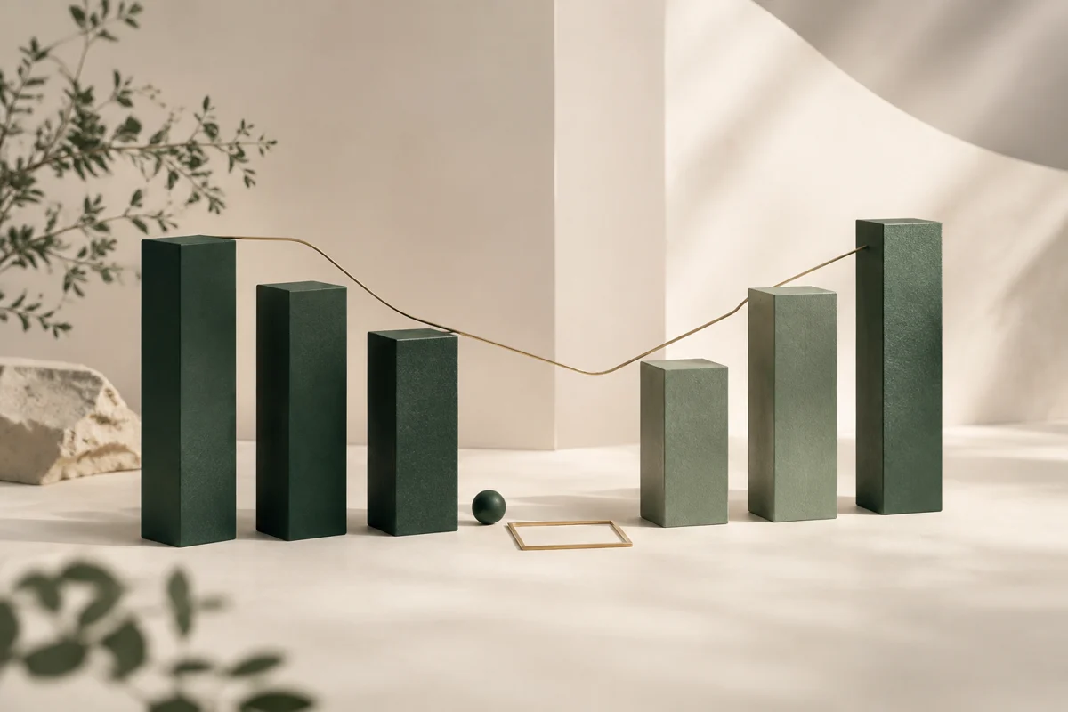 Editorial illustration of green columns with a deliberate gap, representing a missing observation.