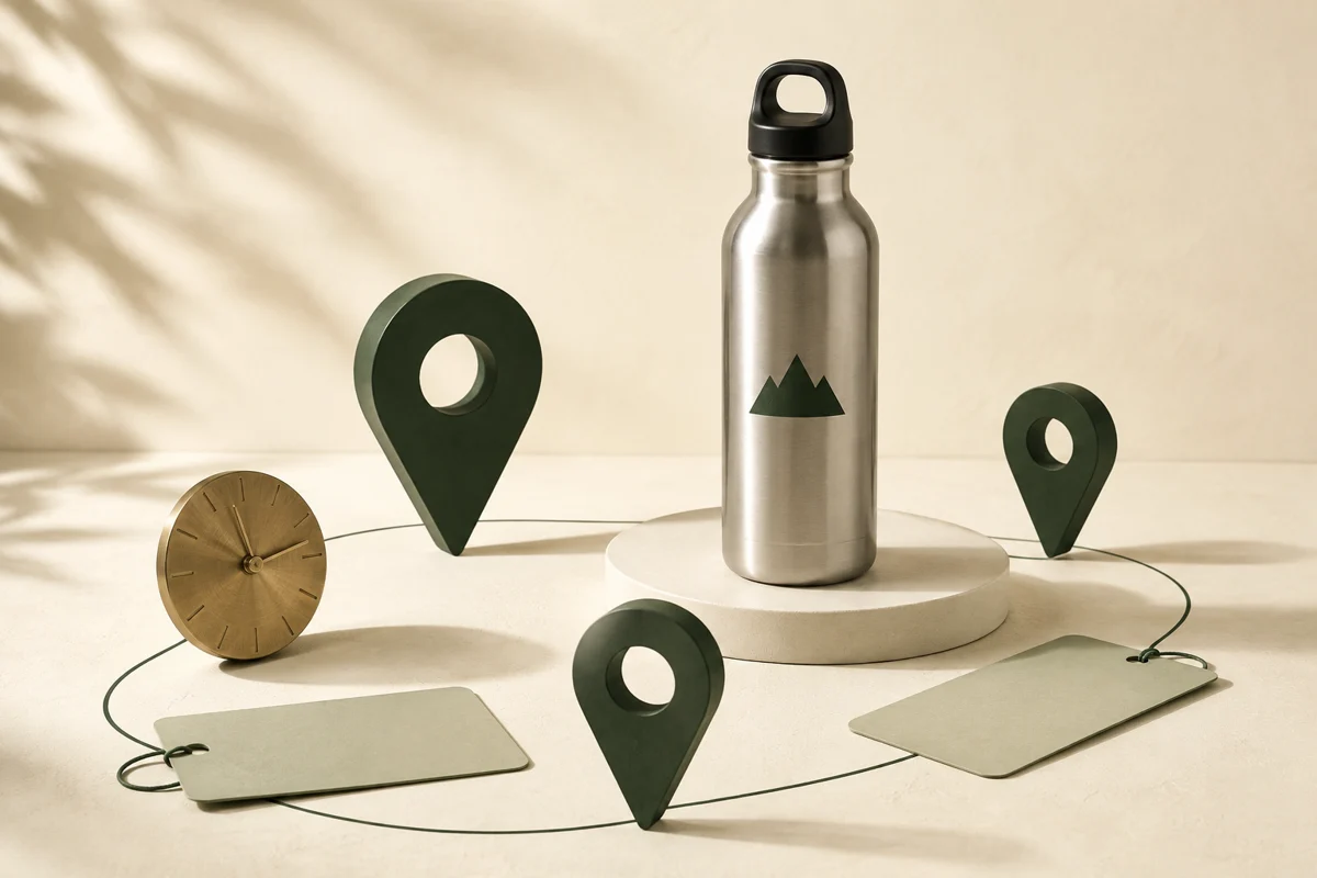 Editorial illustration of a steel bottle surrounded by location markers, search tags, and a clock.