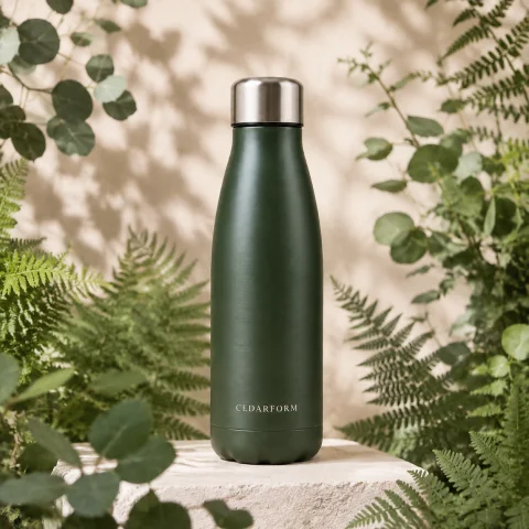 Cedarform green bottle surrounded by fern and eucalyptus leaves