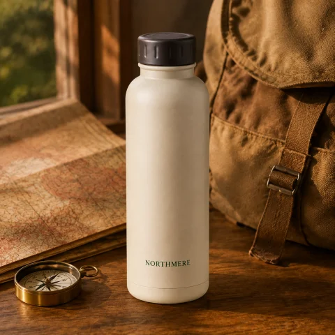 Northmere cream bottle with a map, compass and canvas backpack