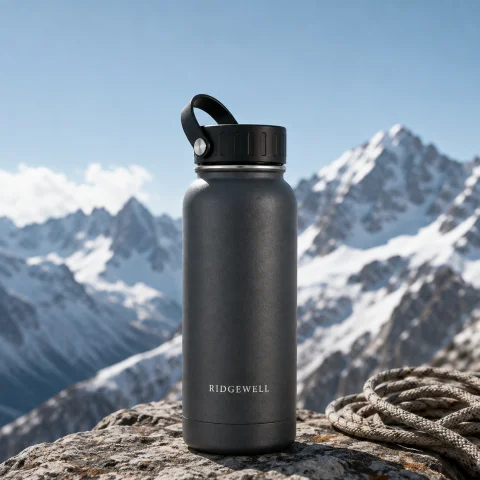 Ridgewell charcoal bottle on a rock with mountains in the background